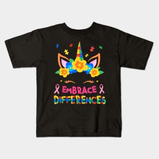 Embrace Differences Unicorn Face Autism Awareness Kids T-Shirt